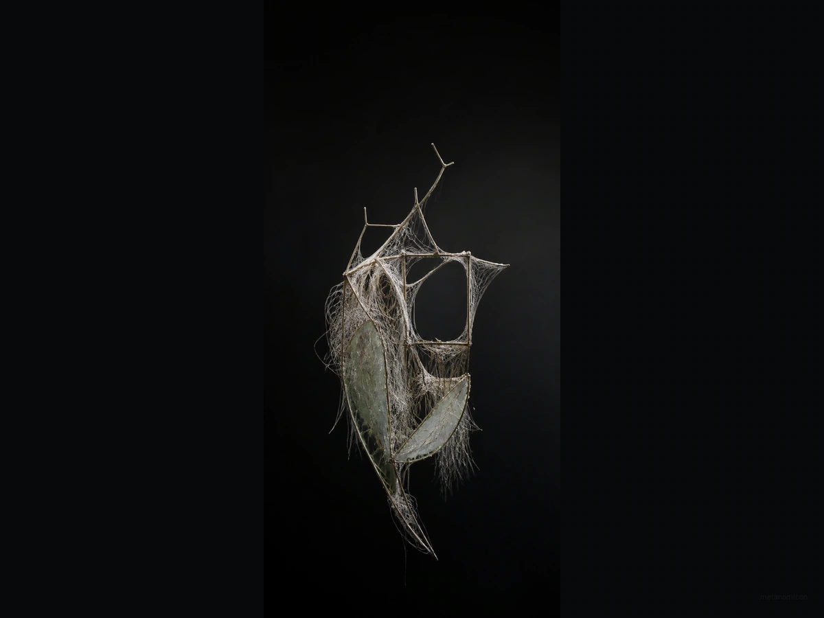 A suspended frame of fine pale fibres and translucent mineral-green membranes against a dark background.