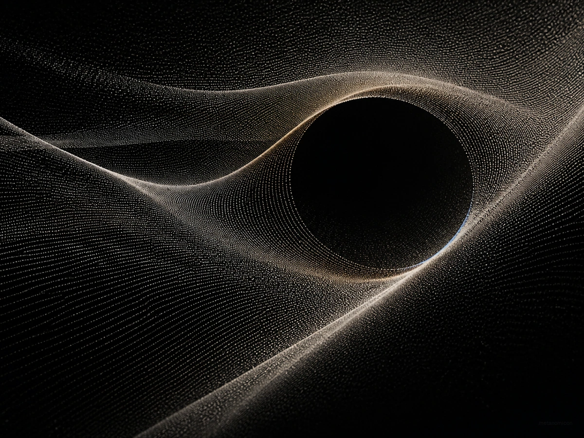 Fine pale wave lines bend around a dark circular void on a black field.