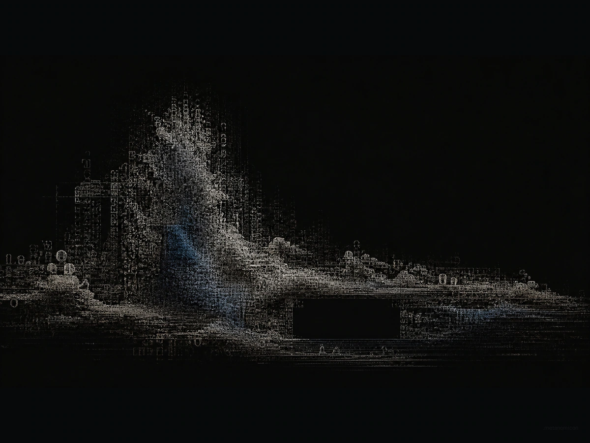 Pale typographic fragments form a low landscape on a carbon field, interrupted by a dark rectangular opening.